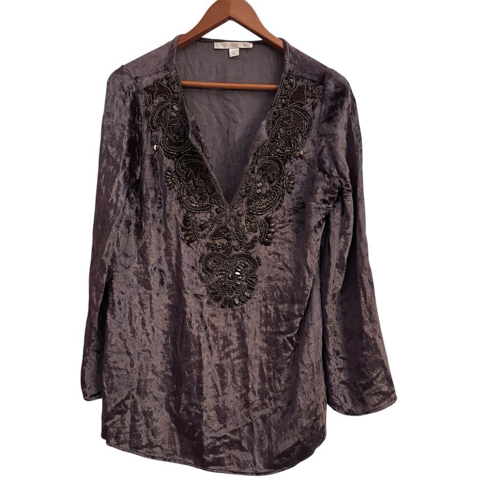 Boston Proper Velvet Beaded Tunic Top Boho Luxe Embellished Sheer Sleeve Small